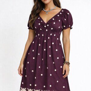 Baby Doll Dress‎ Boho Embroidered Flowers V-Neck Country Festival Purple Size XL
